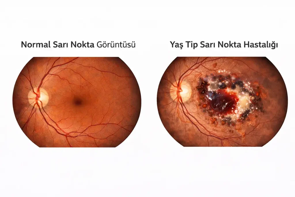 Normal makula ile yaş tip sarı nokta hastalığında kanama ve sıvı birikimi bulunan makulanın karşılaştırmalı görüntüsü
